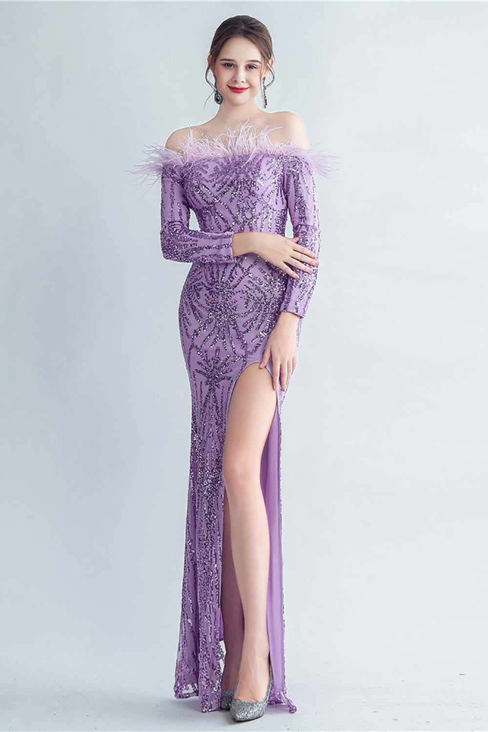 Sparkly Off The Shoulder Sequins Golden Ball Dress with Feathers