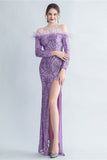 Sparkly Off The Shoulder Sequins Golden Ball Dress with Feathers