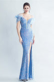 Blue Cold Shoulder Sequins Corset Ball Dress with Feathers