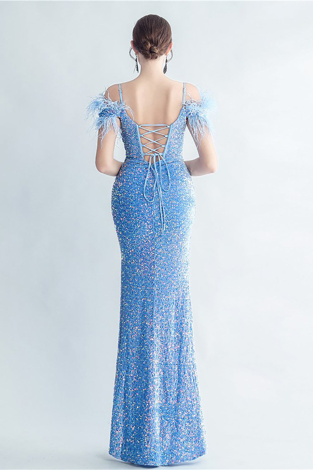 Blue Cold Shoulder Sequins Corset Ball Dress with Feathers