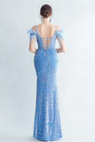 Blue Cold Shoulder Sequins Corset Ball Dress with Feathers