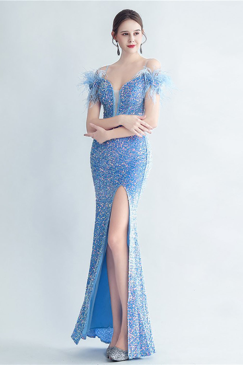 Blue Cold Shoulder Sequins Corset Ball Dress with Feathers