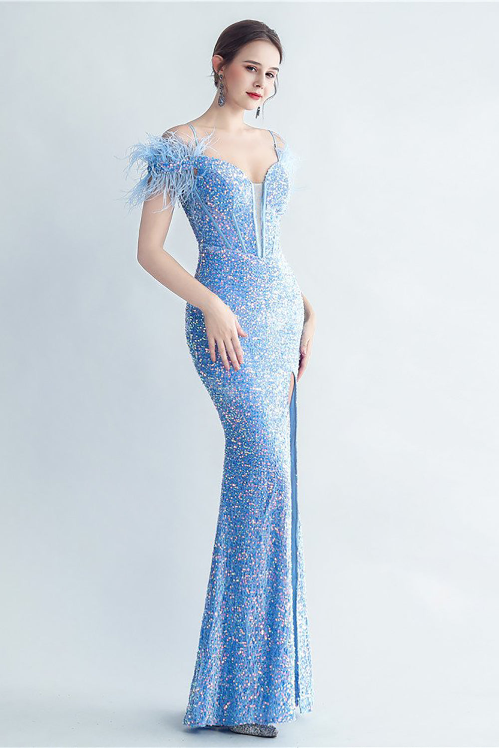 Blue Cold Shoulder Sequins Corset Ball Dress with Feathers