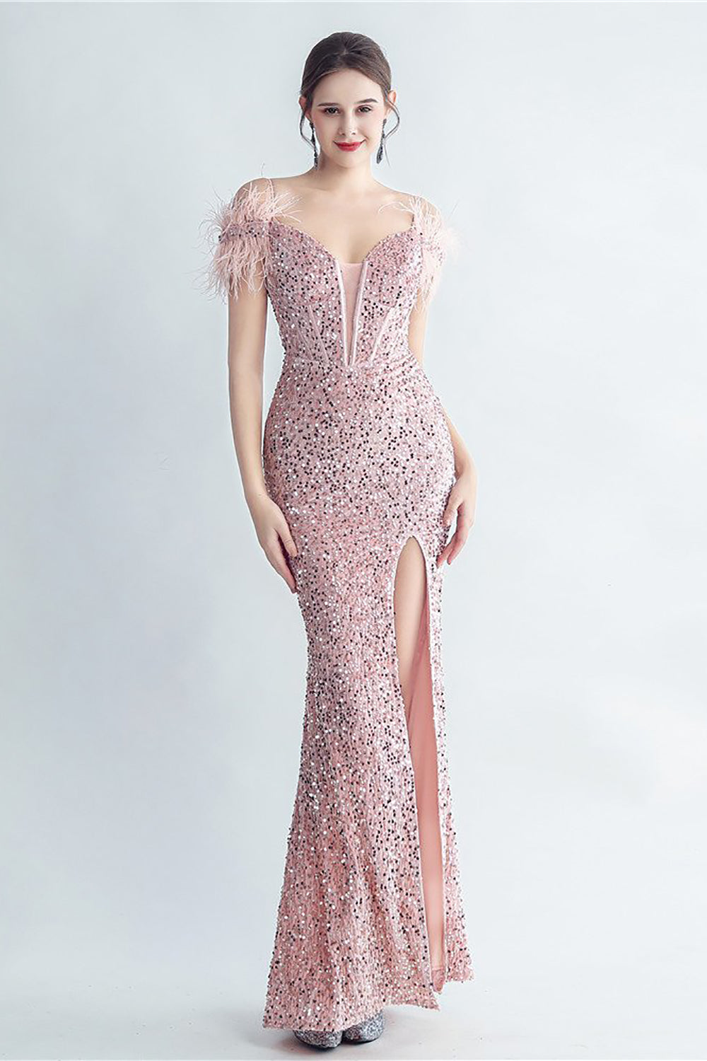 Blue Cold Shoulder Sequins Corset Ball Dress with Feathers