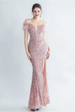 Blue Cold Shoulder Sequins Corset Ball Dress with Feathers