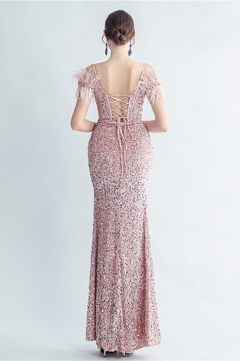 Blue Cold Shoulder Sequins Corset Ball Dress with Feathers