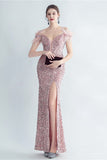 Blue Cold Shoulder Sequins Corset Ball Dress with Feathers