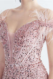 Blue Cold Shoulder Sequins Corset Ball Dress with Feathers