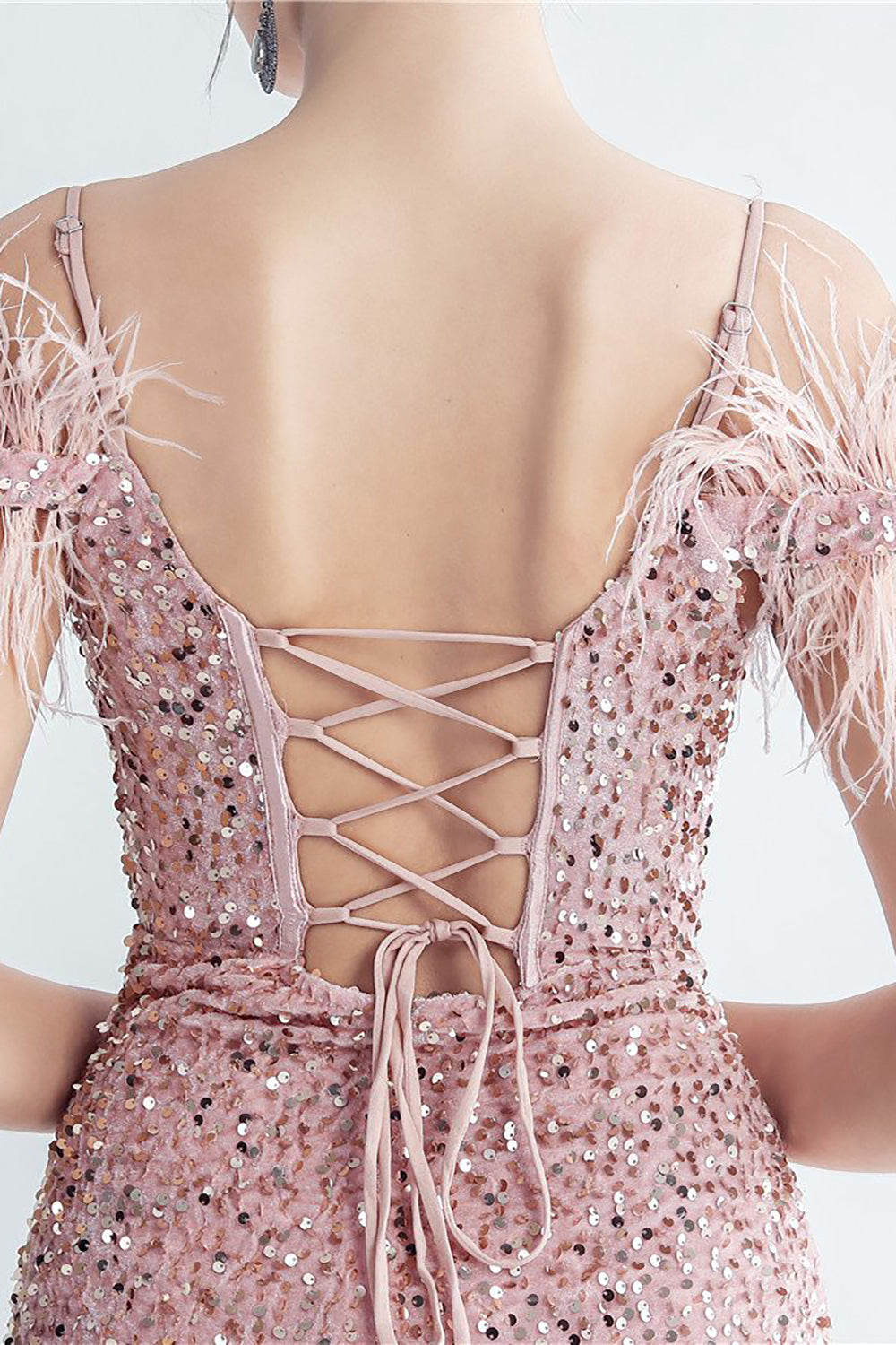 Blue Cold Shoulder Sequins Corset Ball Dress with Feathers