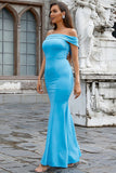 Satin Mermaid Off The Shoulder Blue Ball Dress