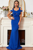 Satin Mermaid Cold Shoulder Royal Blue Ball Dress