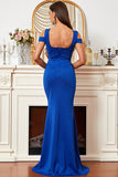 Satin Mermaid Cold Shoulder Royal Blue Ball Dress