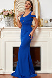 Satin Mermaid Cold Shoulder Royal Blue Ball Dress