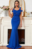 Satin Mermaid Cold Shoulder Royal Blue Ball Dress