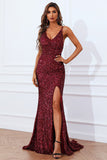 Mermaid Burgundy Sequins Ball Dress with Slit