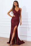 Mermaid Burgundy Sequins Ball Dress with Slit