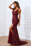 Mermaid Burgundy Sequins Ball Dress with Slit