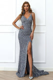 Mermaid Burgundy Sequins Ball Dress with Slit