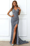 Mermaid Burgundy Sequins Ball Dress with Slit