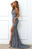 Mermaid Burgundy Sequins Ball Dress with Slit