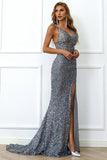 Mermaid Burgundy Sequins Ball Dress with Slit