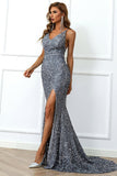 Mermaid Burgundy Sequins Ball Dress with Slit