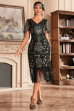 Dark Green V Neck Fringe 1920s Gatsby Dress With Sequins