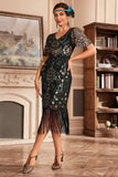 Dark Green V Neck Fringe 1920s Gatsby Dress With Sequins