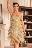Golden Spaghetti Straps Fringed Roaring 20s Great Midi Gatsby Dress