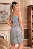 Golden Spaghetti Straps Fringed Roaring 20s Great Midi Gatsby Dress