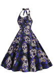 A Line Halloween Black Halter Pumpkin Printed 1950s Dress