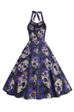 A Line Halloween Black Halter Pumpkin Printed 1950s Dress
