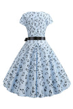 Light Blue A Line Printed Cap Sleeves 1950s Dress
