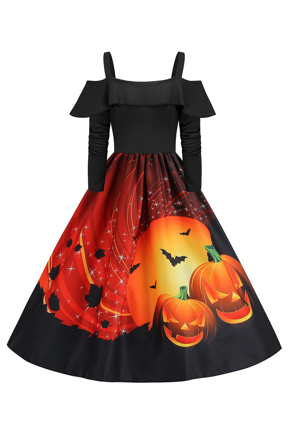 A-Line Halloween Pumpkin Printed Black Cold Shoulder VIntage Dress