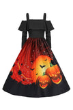 A-Line Halloween Pumpkin Printed Black Cold Shoulder VIntage Dress