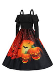 A-Line Halloween Pumpkin Printed Black Cold Shoulder VIntage Dress