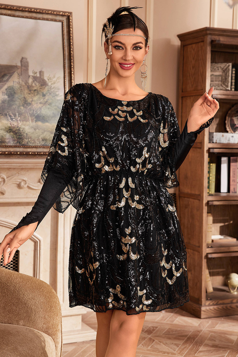 Black Sequins Round Neck Flapper Dress with Batwing Sleeves