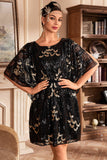 Black Sequins Round Neck Flapper Dress with Batwing Sleeves