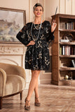 Black Sequins Round Neck Flapper Dress with Batwing Sleeves