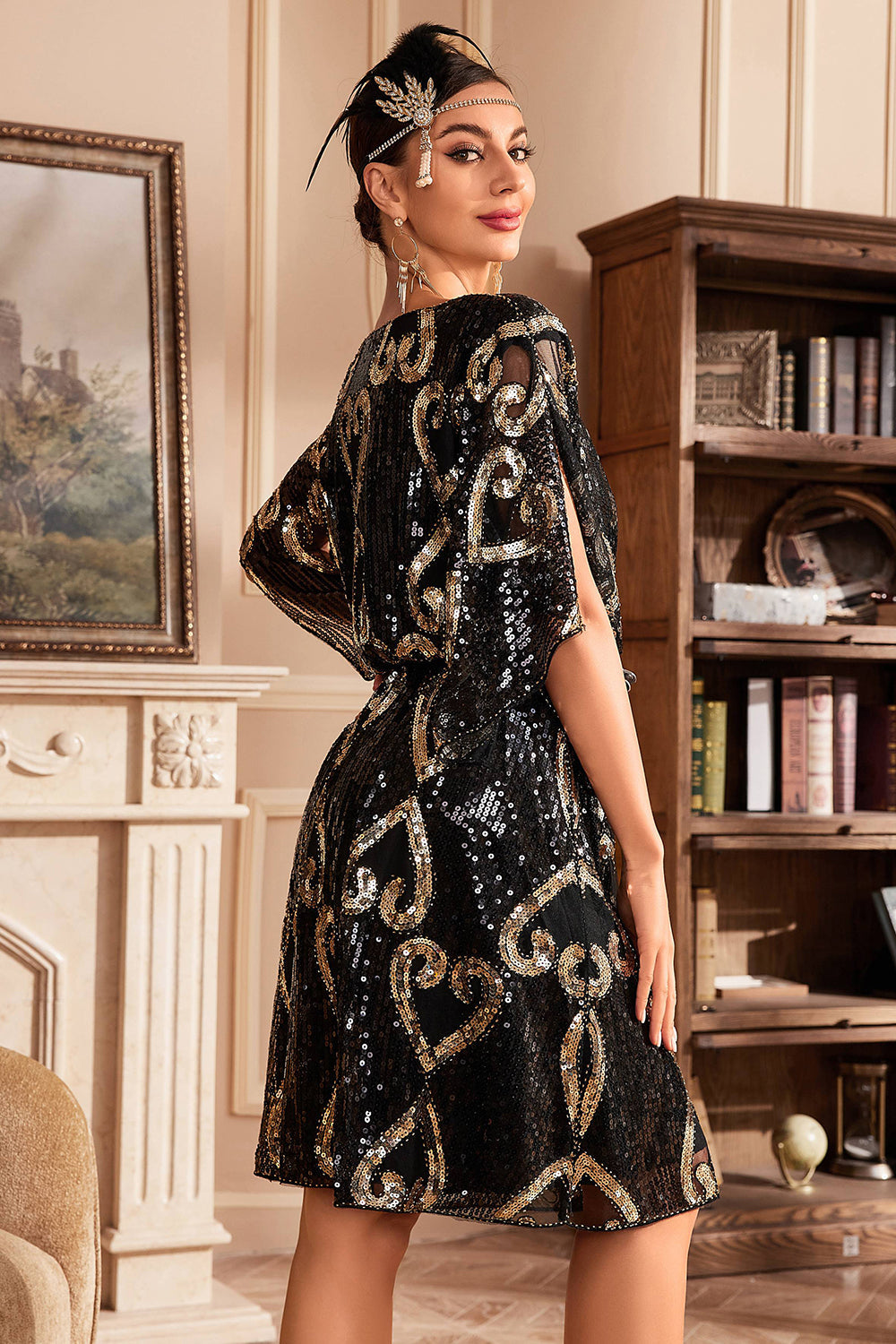 Sparkly White Boat Neck Batwing 1920s Dress with Sequins