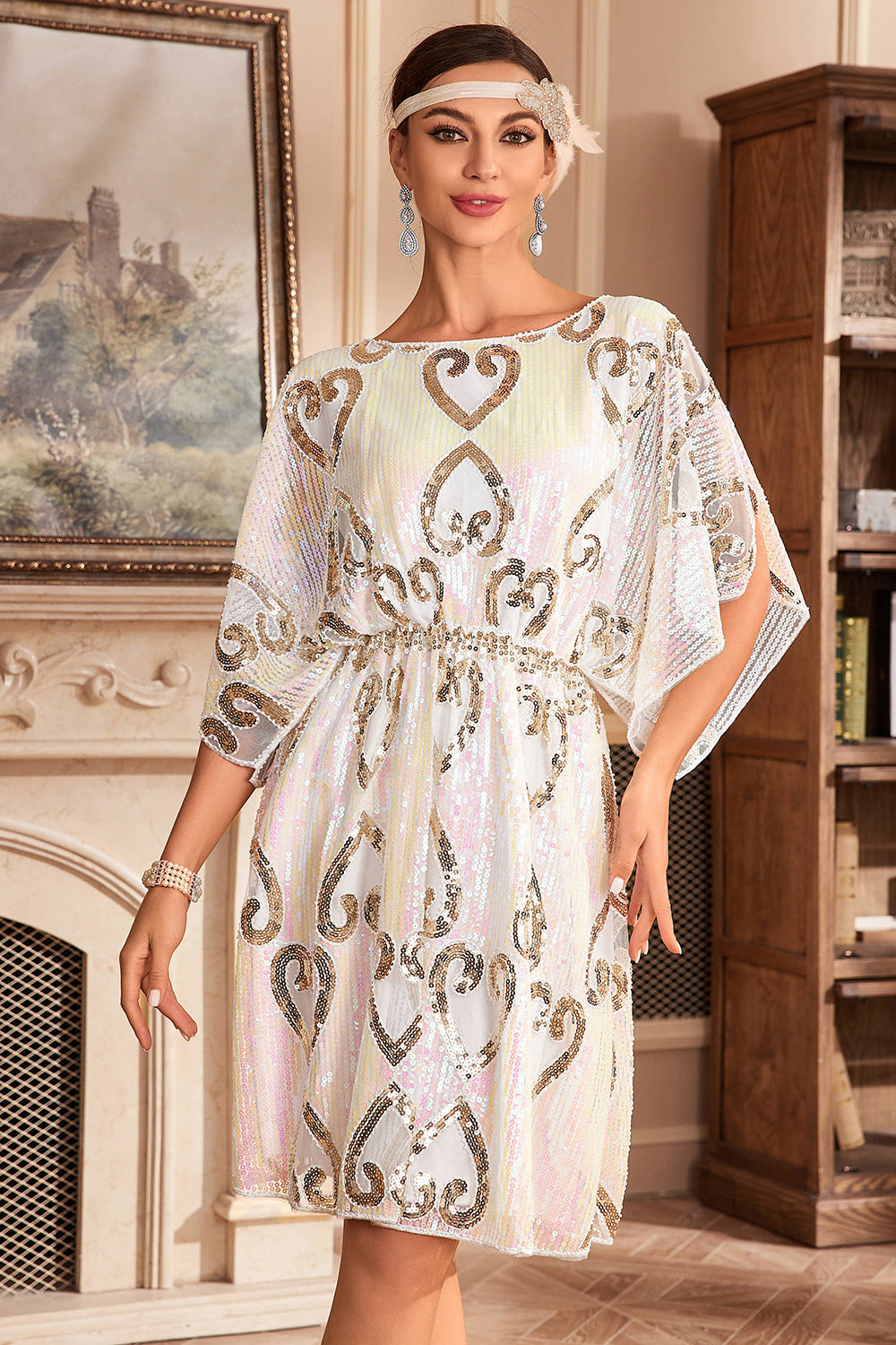 Sparkly White Boat Neck Batwing 1920s Dress with Sequins