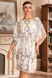 Sparkly White Boat Neck Batwing 1920s Dress with Sequins