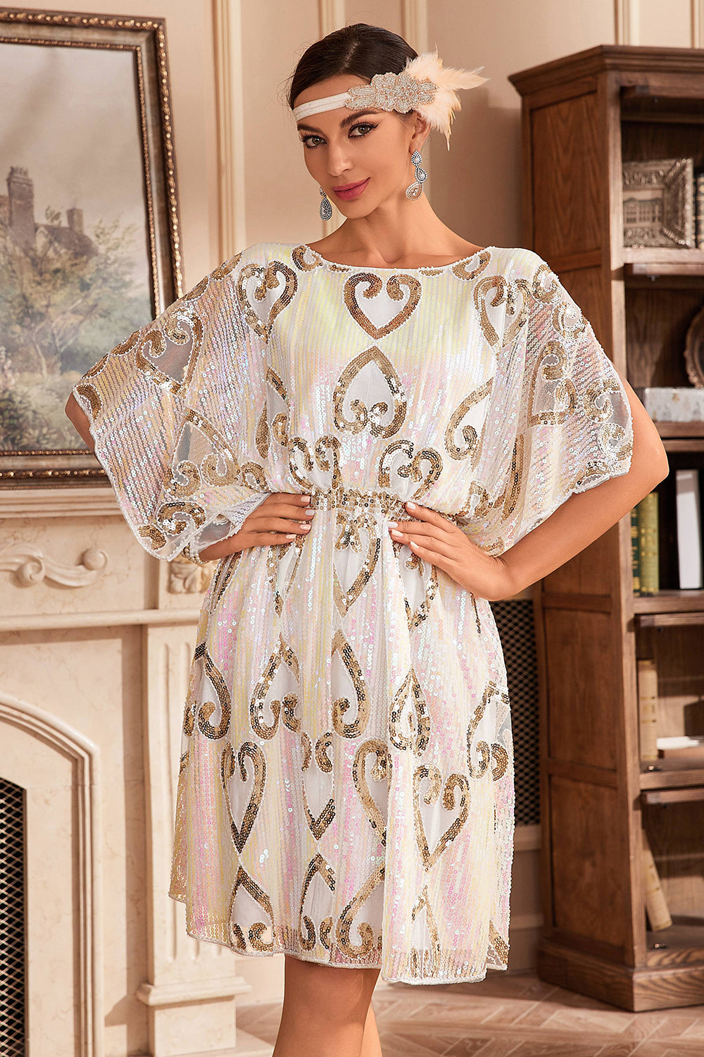 Sparkly White Boat Neck Batwing 1920s Dress with Sequins