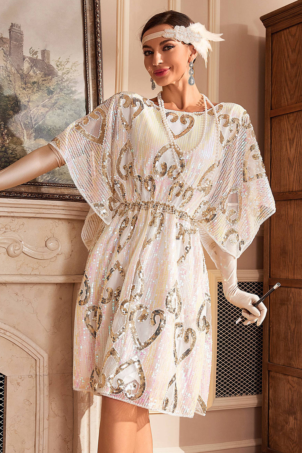 Sparkly White Boat Neck Batwing 1920s Dress with Sequins