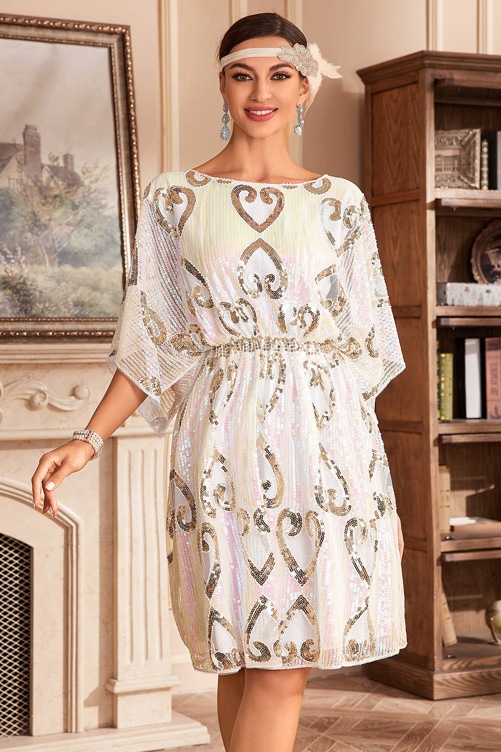 Sparkly White Boat Neck Batwing 1920s Dress with Sequins