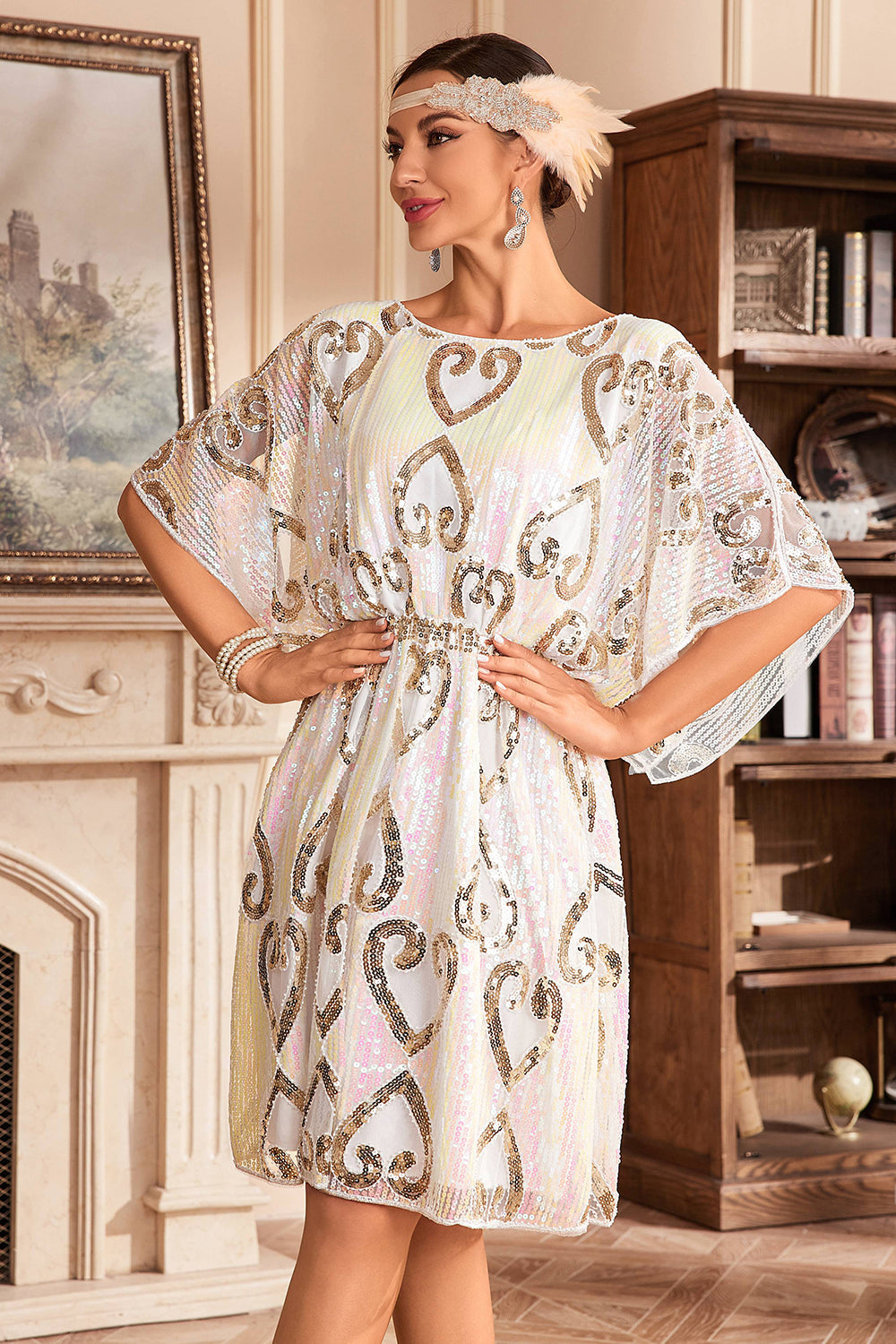 Sparkly White Boat Neck Batwing 1920s Dress with Sequins