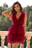 Red Deep V Neck Open Back Short Ball Dress With Ruffles