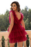 Red Deep V Neck Open Back Short Ball Dress With Ruffles