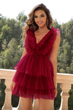 Red Deep V Neck Open Back Short Ball Dress With Ruffles