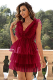 Red Deep V Neck Open Back Short Ball Dress With Ruffles